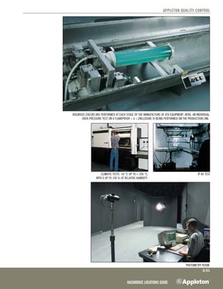 Hazardous Locations Guide
G:51
Appleton Quality Control
IP X6 test
Photometry Room.
Climatic tests -50 °C up to + 200 °C.
With 0 up to 100 % of relative humidity.
Rigorous checks are performed at each stage of the manufacture of ATX equipment. Here, an individual
over-pressure test on a flameproof « d » enclosure is being performed on the production line.
 