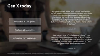 Gen X today
Source: Simmons Summer 2015 NHCS Adult Survey / Shullman Pulse study 2014 / Audience Theory/Yahoo Qualitative November 2015
Innovators & Disruptors
Resilient & Imaginative
Influential Yet Overlooked
“My generation is when it all started happening…
We are behind so many innovations that had never
been seen or thought of before. The younger
generation has taken that and they’re certainly
expanding it and growing in diﬀerent directions.
But we were the core of where it came from, where
it started.”
- Female, 49
“You always hear of baby boomers. I don't ever
hear anything about generation X. And that's just
the truth. I'm like, we have to be what? 50, 60 years
old before you talk about generation X?” It’s the
lost generation. It's forgotten about.”
- Female, 43
4
 