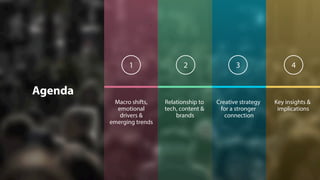Agenda
Macro shifts,
emotional
drivers &
emerging trends
1
Creative strategy
for a stronger
connection
3
Key insights &
implications
4
Relationship to
tech, content &
brands
2
 