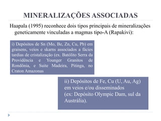MINERALIZAÇÕES ASSOCIADAS
Haapala (1995) reconhece dois tipos principais de mineralizações
geneticamente vinculadas a magmas tipo-A (Rapakivi):
 ii) Depósitos de Fe, Cu (U, Au, Ag)
em veios e/ou disseminados
(ex: Depósito Olympic Dam, sul da
Austrália).
i) Depósitos de Sn (Mo, Be, Zn, Cu, Pb) em
graisens, veios e skarns associados a fácies
tardias de cristalização (ex. Batólito Serra da
Providência e Younger Granitos de
Rondônia, e Suite Madeira, Pitinga, no
Craton Amazonas
 