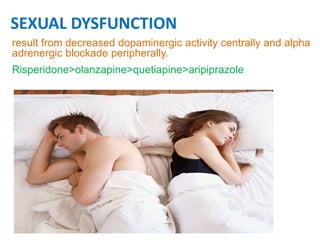 SEXUAL DYSFUNCTION
result from decreased dopaminergic activity centrally and alpha
adrenergic blockade peripherally.
Risperidone>olanzapine>quetiapine>aripiprazole
 