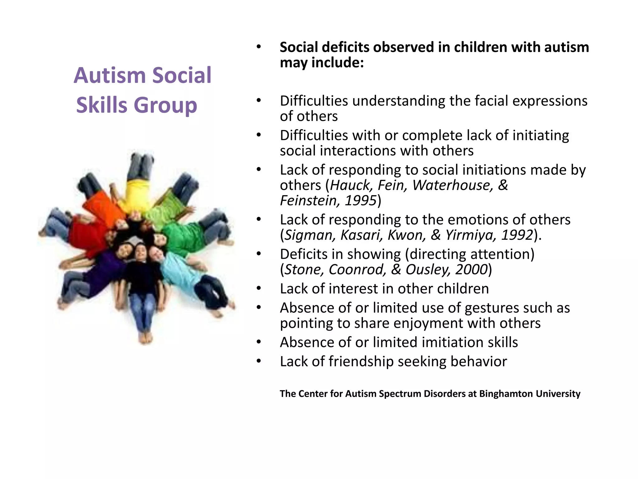 •   Social deficits observed in children with autism
                    may include:
Autism Social
Skills Group    •   Difficulties understanding the facial expressions
                    of others
                •   Difficulties with or complete lack of initiating
                    social interactions with others 
                •   Lack of responding to social initiations made by
                    others (Hauck, Fein, Waterhouse, &
                    Feinstein, 1995) 
                •   Lack of responding to the emotions of others
                    (Sigman, Kasari, Kwon, & Yirmiya, 1992). 
                •   Deficits in showing (directing attention)
                    (Stone, Coonrod, & Ousley, 2000) 
                •   Lack of interest in other children 
                •   Absence of or limited use of gestures such as
                    pointing to share enjoyment with others 
                •   Absence of or limited imitiation skills 
                •   Lack of friendship seeking behavior 
                    The Center for Autism Spectrum Disorders at Binghamton University
 