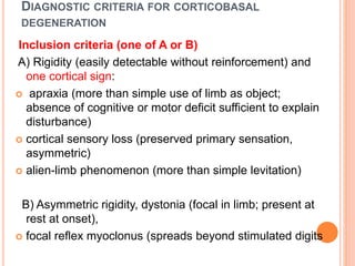 DIAGNOSTIC CRITERIA FOR CORTICOBASAL
DEGENERATION
Inclusion criteria (one of A or B)
A) Rigidity (easily detectable without reinforcement) and
one cortical sign:
 apraxia (more than simple use of limb as object;
absence of cognitive or motor deficit sufficient to explain
disturbance)
 cortical sensory loss (preserved primary sensation,
asymmetric)
 alien-limb phenomenon (more than simple levitation)
B) Asymmetric rigidity, dystonia (focal in limb; present at
rest at onset),
 focal reflex myoclonus (spreads beyond stimulated digits
 