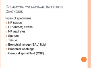 CHLAMYDIA PNEUMONIAE INFECTION
DIAGNOSIS
types of specimens
 NP swabs
 OP (throat) swabs
 NP aspirates
 Sputum
 Tissue
 Bronchial lavage (BAL) fluid
 Bronchial washings
 Cerebral spinal fluid (CSF)
 