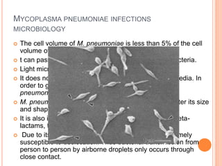 MYCOPLASMA PNEUMONIAE INFECTIONS
MICROBIOLOGY
 The cell volume of M. pneumoniae is less than 5% of the cell
volume of a typical bacillus.
 t can pass through filters typically used to remove bacteria.
 Light microscopy cannot detect it.
 It does not produce visible turbidity in liquid growth media. In
order to get a visual confirmation of growth, M.
pneumoniae cultures use specialized media.
 M. pneumoniae lacks a rigid cell wall, allowing it to alter its size
and shape to suit its surrounding conditions.
 It is also intrinsically resistant to antimicrobials, like beta-
lactams, that work by targeting the cell wall.
 Due to its lack of a cell wall, M. pneumoniae is extremely
susceptible to desiccation. Thus bacterial transmission from
person to person by airborne droplets only occurs through
close contact.
 