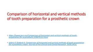 Comparison of horizontal and vertical methods
of tooth preparation for a prosthetic crown
• https://www.jpccr.eu/Comparison-of-horizontal-and-vertical-methods-of-tooth-
preparation-for-a-prosthetic,116672,0,2.html
• Łabno P, Drobnik K. Comparison of horizontal and vertical methods of tooth preparation
for a prosthetic crown. Journal of Pre-Clinical and Clinical Research. 2020;14(1).
 