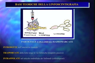 BASI TEORICHE DELLA LINFOSCINTIGRAFIA   PARTICELLE  COLLOIDALI  RADIOMARCATE  INTRODOTTE   nell’interstizio tissutale  TRASPORTATE   dalla linfa lungo le vie linfatiche (trasporto passivo)  INTRAPPOLATE   nel reticolo endoteliale dei linfonodi (colloidopessi)  