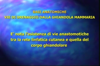 E’ nota l’esistenza di vie anastomotiche tra la rete linfatica cutanea e quella del corpo ghiandolare  BASI ANATOMICHE VIE DI DRENAGGIO DALLA GHIANDOLA MAMMARIA 