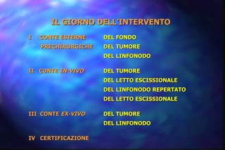 IL GIORNO DELL’INTERVENTO   I  CONTE ESTERNE  DEL FONDO   PRECHIRURGICHE DEL TUMORE DEL LINFONODO II  CONTE  IN-VIVO DEL TUMORE DEL LETTO ESCISSIONALE DEL LINFONODO REPERTATO DEL LETTO ESCISSIONALE III  CONTE  EX-VIVO DEL TUMORE DEL LINFONODO IV  CERTIFICAZIONE 