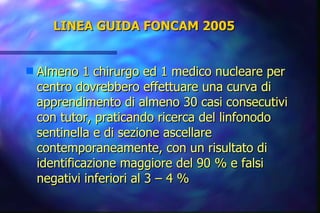 LINEA GUIDA FONCAM 2005 Almeno 1 chirurgo ed 1 medico nucleare per centro dovrebbero effettuare una curva di apprendimento di almeno 30 casi consecutivi con tutor, praticando ricerca del linfonodo sentinella e di sezione ascellare contemporaneamente, con un risultato di identificazione maggiore del 90 % e falsi negativi inferiori al 3 – 4 %   