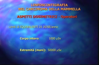 Limiti di EQUIVALENTI DI DOSE/anno Corpo intero:  1000   Sv   Estremità (mani):  50000   Sv   LINFOSCINTIGRAFIA NEL CARCINOMA DELLA MAMMELLA ASPETTI DOSIMETRICI - Operatori 