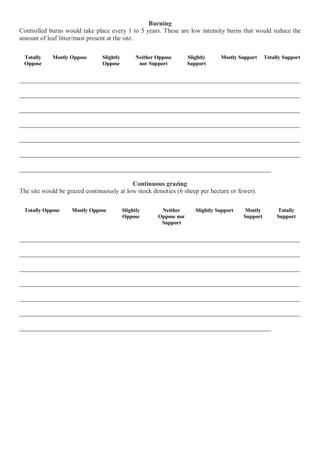 Burning Controlled burns would take place every 1 to 5 years. These are low intensity burns that would reduce the amount of leaf litter/mast present at the site. 
Totally Oppose 
Mostly Oppose 
Slightly Oppose 
Neither Oppose nor Support 
Slightly Support 
Mostly Support 
Totally Support 
_______________________________________________________________________________________ _______________________________________________________________________________________ _______________________________________________________________________________________ _______________________________________________________________________________________ _______________________________________________________________________________________ _______________________________________________________________________________________ ______________________________________________________________________________ Continuous grazing The site would be grazed continuously at low stock densities (6 sheep per hectare or fewer). 
Totally Oppose 
Mostly Oppose 
Slightly Oppose 
Neither Oppose nor Support 
Slightly Support 
Mostly Support 
Totally Support 
_______________________________________________________________________________________ _______________________________________________________________________________________ _______________________________________________________________________________________ _______________________________________________________________________________________ _______________________________________________________________________________________ _______________________________________________________________________________________ ______________________________________________________________________________ 
 