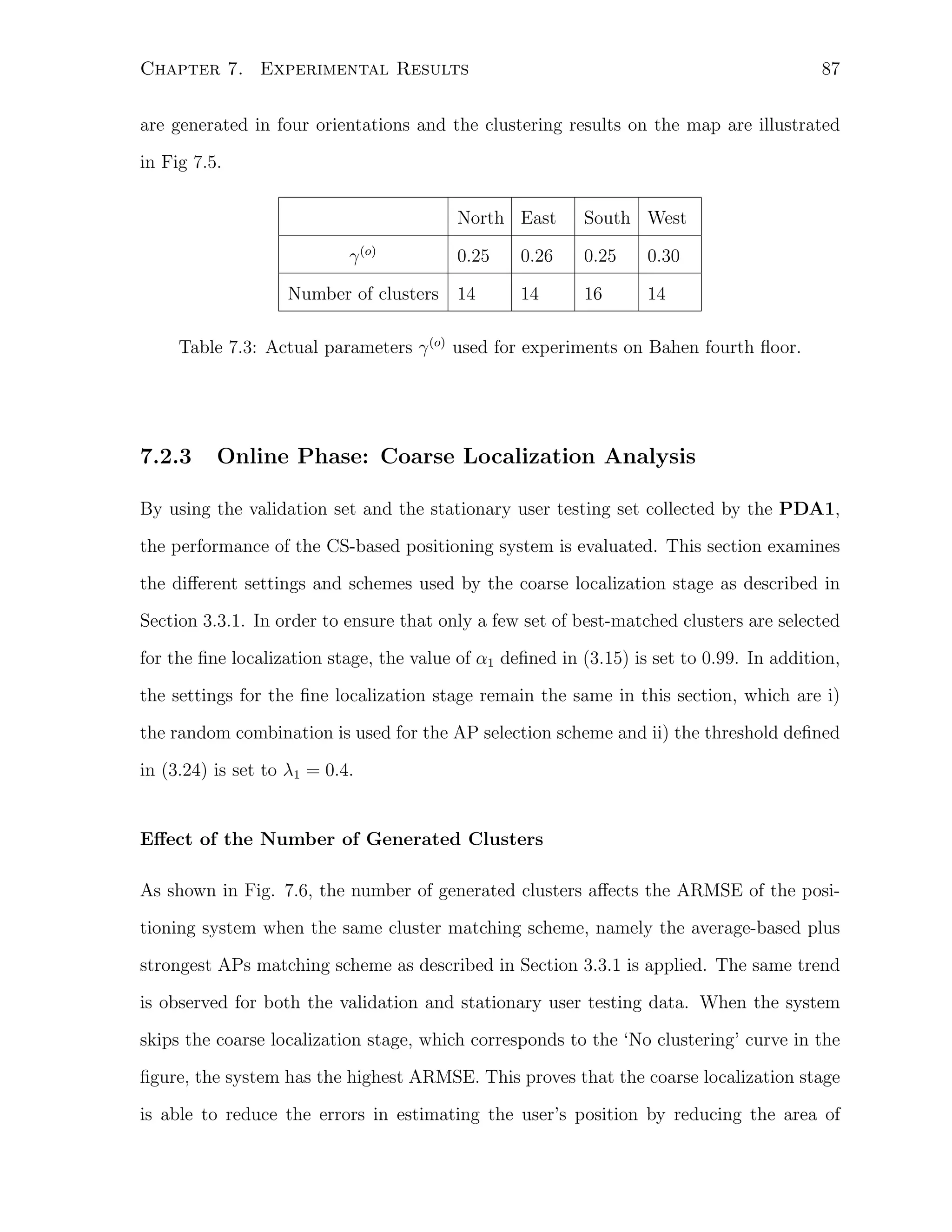 87

Chapter 7. Experimental Results

are generated in four orientations and the clustering results on the map are illustrated
in Fig 7.5.
North East
γ (o)
Number of clusters

South West

0.25

0.26

0.25

0.30

14

14

16

14

Table 7.3: Actual parameters γ (o) used for experiments on Bahen fourth ﬂoor.

7.2.3

Online Phase: Coarse Localization Analysis

By using the validation set and the stationary user testing set collected by the PDA1,
the performance of the CS-based positioning system is evaluated. This section examines
the diﬀerent settings and schemes used by the coarse localization stage as described in
Section 3.3.1. In order to ensure that only a few set of best-matched clusters are selected
for the ﬁne localization stage, the value of α1 deﬁned in (3.15) is set to 0.99. In addition,
the settings for the ﬁne localization stage remain the same in this section, which are i)
the random combination is used for the AP selection scheme and ii) the threshold deﬁned
in (3.24) is set to λ1 = 0.4.

Eﬀect of the Number of Generated Clusters
As shown in Fig. 7.6, the number of generated clusters aﬀects the ARMSE of the positioning system when the same cluster matching scheme, namely the average-based plus
strongest APs matching scheme as described in Section 3.3.1 is applied. The same trend
is observed for both the validation and stationary user testing data. When the system
skips the coarse localization stage, which corresponds to the ‘No clustering’ curve in the
ﬁgure, the system has the highest ARMSE. This proves that the coarse localization stage
is able to reduce the errors in estimating the user’s position by reducing the area of

 