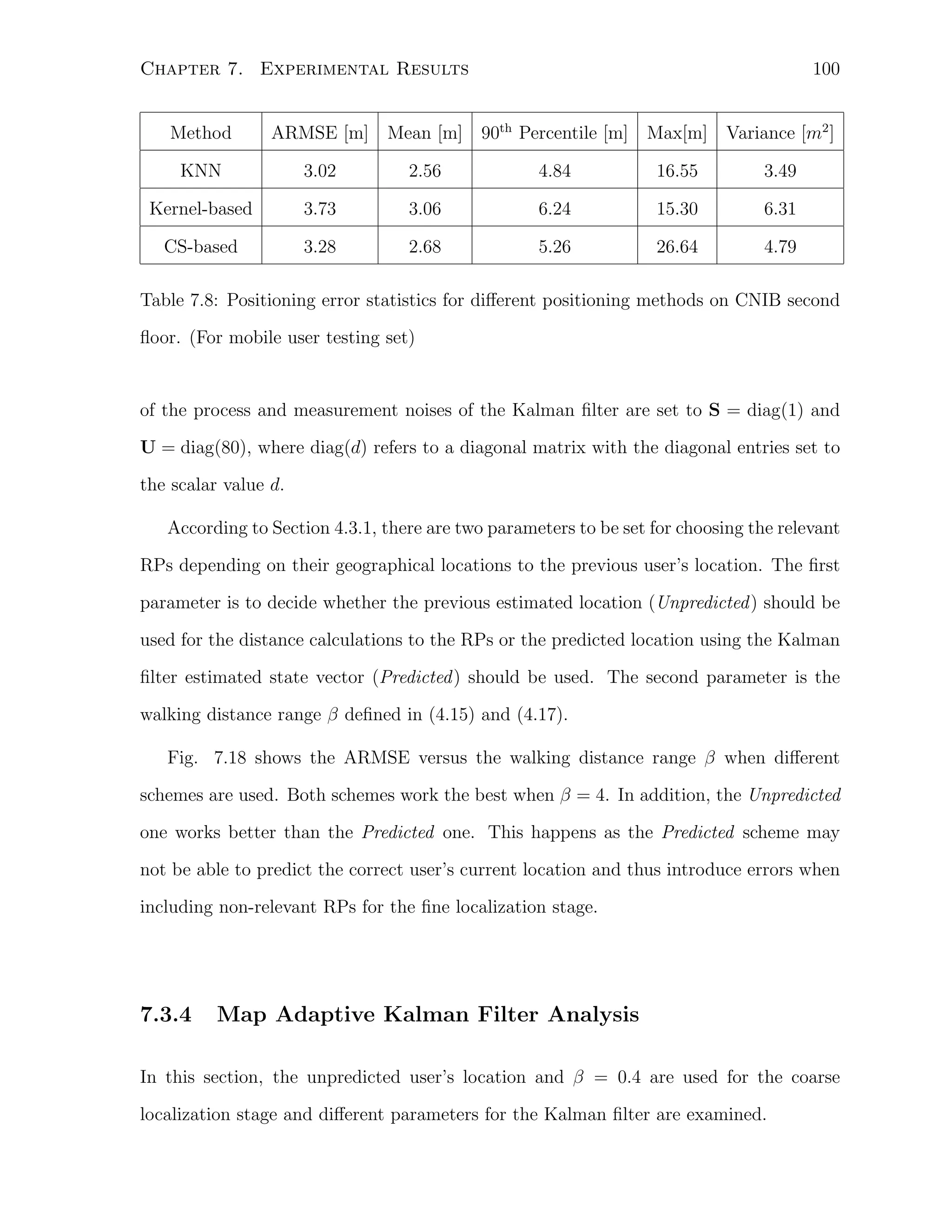 100

Chapter 7. Experimental Results
Method

ARMSE [m]

Mean [m]

90th Percentile [m]

Max[m] Variance [m2 ]

KNN

3.02

2.56

4.84

16.55

3.49

Kernel-based

3.73

3.06

6.24

15.30

6.31

CS-based

3.28

2.68

5.26

26.64

4.79

Table 7.8: Positioning error statistics for diﬀerent positioning methods on CNIB second
ﬂoor. (For mobile user testing set)

of the process and measurement noises of the Kalman ﬁlter are set to S = diag(1) and
U = diag(80), where diag(d) refers to a diagonal matrix with the diagonal entries set to
the scalar value d.
According to Section 4.3.1, there are two parameters to be set for choosing the relevant
RPs depending on their geographical locations to the previous user’s location. The ﬁrst
parameter is to decide whether the previous estimated location (Unpredicted ) should be
used for the distance calculations to the RPs or the predicted location using the Kalman
ﬁlter estimated state vector (Predicted ) should be used. The second parameter is the
walking distance range β deﬁned in (4.15) and (4.17).
Fig. 7.18 shows the ARMSE versus the walking distance range β when diﬀerent
schemes are used. Both schemes work the best when β = 4. In addition, the Unpredicted
one works better than the Predicted one. This happens as the Predicted scheme may
not be able to predict the correct user’s current location and thus introduce errors when
including non-relevant RPs for the ﬁne localization stage.

7.3.4

Map Adaptive Kalman Filter Analysis

In this section, the unpredicted user’s location and β = 0.4 are used for the coarse
localization stage and diﬀerent parameters for the Kalman ﬁlter are examined.

 