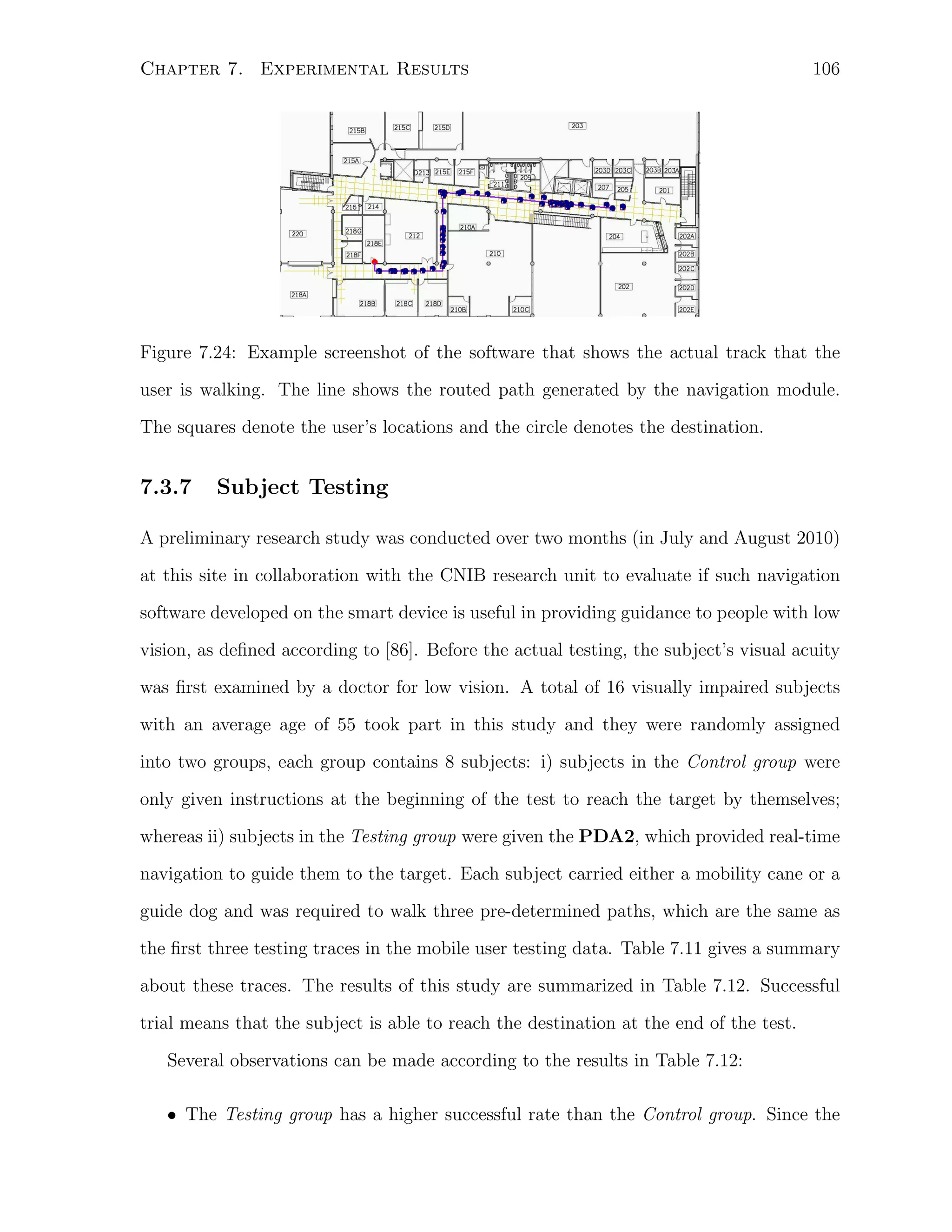 Chapter 7. Experimental Results

106

Figure 7.24: Example screenshot of the software that shows the actual track that the
user is walking. The line shows the routed path generated by the navigation module.
The squares denote the user’s locations and the circle denotes the destination.

7.3.7

Subject Testing

A preliminary research study was conducted over two months (in July and August 2010)
at this site in collaboration with the CNIB research unit to evaluate if such navigation
software developed on the smart device is useful in providing guidance to people with low
vision, as deﬁned according to [86]. Before the actual testing, the subject’s visual acuity
was ﬁrst examined by a doctor for low vision. A total of 16 visually impaired subjects
with an average age of 55 took part in this study and they were randomly assigned
into two groups, each group contains 8 subjects: i) subjects in the Control group were
only given instructions at the beginning of the test to reach the target by themselves;
whereas ii) subjects in the Testing group were given the PDA2, which provided real-time
navigation to guide them to the target. Each subject carried either a mobility cane or a
guide dog and was required to walk three pre-determined paths, which are the same as
the ﬁrst three testing traces in the mobile user testing data. Table 7.11 gives a summary
about these traces. The results of this study are summarized in Table 7.12. Successful
trial means that the subject is able to reach the destination at the end of the test.
Several observations can be made according to the results in Table 7.12:
• The Testing group has a higher successful rate than the Control group. Since the

 