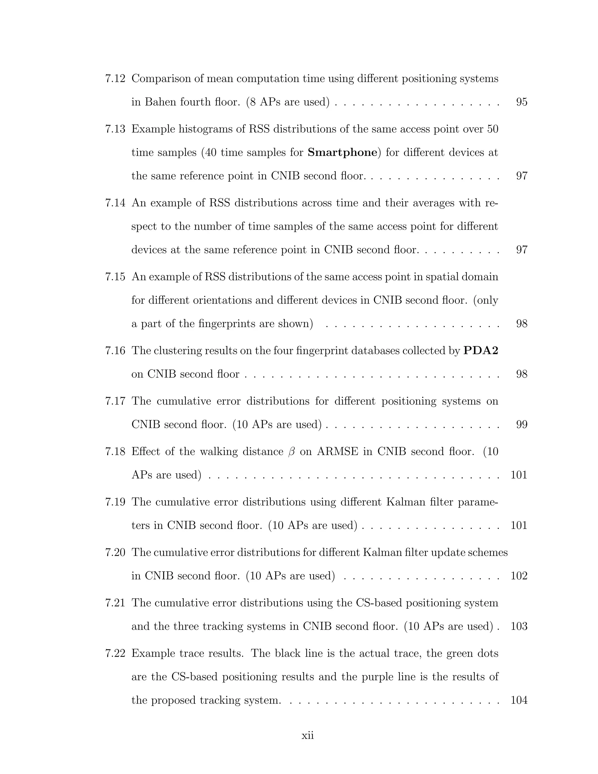 7.12 Comparison of mean computation time using diﬀerent positioning systems
in Bahen fourth ﬂoor. (8 APs are used) . . . . . . . . . . . . . . . . . . .

95

7.13 Example histograms of RSS distributions of the same access point over 50
time samples (40 time samples for Smartphone) for diﬀerent devices at
the same reference point in CNIB second ﬂoor. . . . . . . . . . . . . . . .

97

7.14 An example of RSS distributions across time and their averages with respect to the number of time samples of the same access point for diﬀerent
devices at the same reference point in CNIB second ﬂoor. . . . . . . . . .

97

7.15 An example of RSS distributions of the same access point in spatial domain
for diﬀerent orientations and diﬀerent devices in CNIB second ﬂoor. (only
a part of the ﬁngerprints are shown)

. . . . . . . . . . . . . . . . . . . .

98

7.16 The clustering results on the four ﬁngerprint databases collected by PDA2
on CNIB second ﬂoor . . . . . . . . . . . . . . . . . . . . . . . . . . . . .

98

7.17 The cumulative error distributions for diﬀerent positioning systems on
CNIB second ﬂoor. (10 APs are used) . . . . . . . . . . . . . . . . . . . .

99

7.18 Eﬀect of the walking distance β on ARMSE in CNIB second ﬂoor. (10
APs are used) . . . . . . . . . . . . . . . . . . . . . . . . . . . . . . . . . 101
7.19 The cumulative error distributions using diﬀerent Kalman ﬁlter parameters in CNIB second ﬂoor. (10 APs are used) . . . . . . . . . . . . . . . . 101
7.20 The cumulative error distributions for diﬀerent Kalman ﬁlter update schemes
in CNIB second ﬂoor. (10 APs are used) . . . . . . . . . . . . . . . . . . 102
7.21 The cumulative error distributions using the CS-based positioning system
and the three tracking systems in CNIB second ﬂoor. (10 APs are used) . 103
7.22 Example trace results. The black line is the actual trace, the green dots
are the CS-based positioning results and the purple line is the results of
the proposed tracking system. . . . . . . . . . . . . . . . . . . . . . . . . 104
xii

 