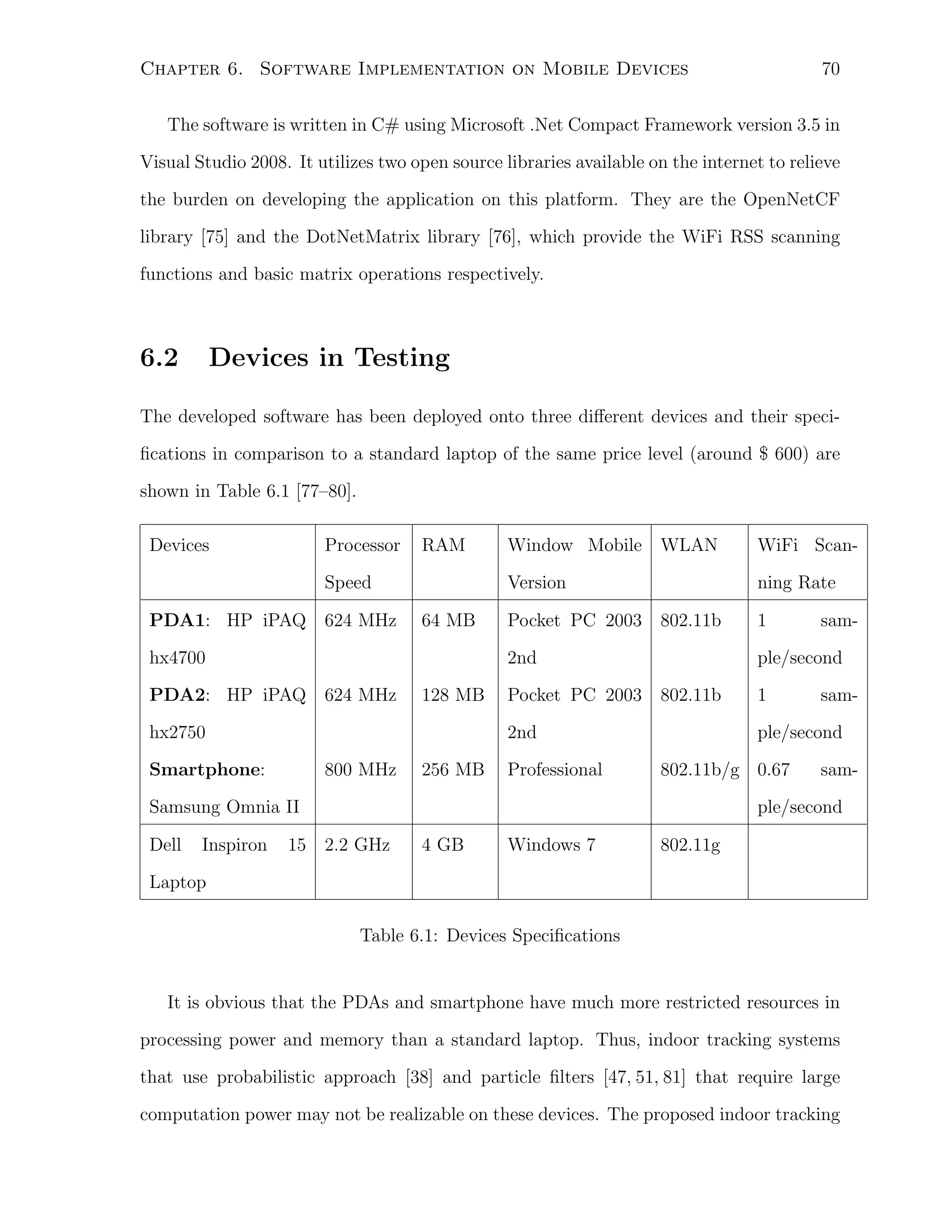 70

Chapter 6. Software Implementation on Mobile Devices

The software is written in C# using Microsoft .Net Compact Framework version 3.5 in
Visual Studio 2008. It utilizes two open source libraries available on the internet to relieve
the burden on developing the application on this platform. They are the OpenNetCF
library [75] and the DotNetMatrix library [76], which provide the WiFi RSS scanning
functions and basic matrix operations respectively.

6.2

Devices in Testing

The developed software has been deployed onto three diﬀerent devices and their speciﬁcations in comparison to a standard laptop of the same price level (around $ 600) are
shown in Table 6.1 [77–80].
Devices

Processor

RAM

Speed

Window Mobile

WLAN

Version

hx4700
PDA2: HP iPAQ 624 MHz

128 MB

hx2750
Smartphone:

800 MHz

256 MB

Pocket PC 2003 802.11b

1

ple/second

Pocket PC 2003 802.11b

1

2nd

64 MB

ning Rate

2nd

PDA1: HP iPAQ 624 MHz

ple/second

Professional

802.11b/g 0.67

Samsung Omnia II
Dell

Inspiron

WiFi Scan-

sam-

sam-

sam-

ple/second

15 2.2 GHz

4 GB

Windows 7

802.11g

Laptop
Table 6.1: Devices Speciﬁcations

It is obvious that the PDAs and smartphone have much more restricted resources in
processing power and memory than a standard laptop. Thus, indoor tracking systems
that use probabilistic approach [38] and particle ﬁlters [47, 51, 81] that require large
computation power may not be realizable on these devices. The proposed indoor tracking

 