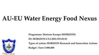 AU-EU Water Energy Food Nexus
Programme: Horizon Europe (HORIZON)
ID: HORIZON-CL5-2021-D3-03-01
Types of action: HORIZON Research and Innovation Actions
Budget : Euro 5.000,000
 
