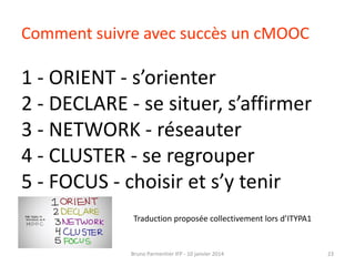 Comment suivre avec succès un cMOOC

1 - ORIENT - s’orienter
2 - DECLARE - se situer, s’affirmer
3 - NETWORK - réseauter
4 - CLUSTER - se regrouper
5 - FOCUS - choisir et s’y tenir
Traduction proposée collectivement lors d’ITYPA1

Bruno Parmentier IFP - 10 janvier 2014

23

 