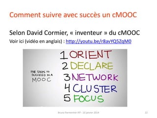 Comment suivre avec succès un cMOOC
Selon David Cormier, « inventeur » du cMOOC
Voir ici (vidéo en anglais) : http://youtu...