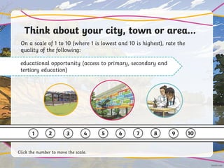 Think about your city, town or area…
On a scale of 1 to 10 (where 1 is lowest and 10 is highest), rate the
quality of the following:
educational opportunity (access to primary, secondary and
tertiary education)
1 2 3 4 5 6 7 8 9 10
Click the number to move the scale.
 