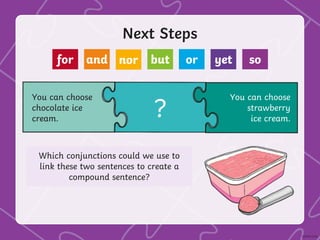Next Steps
You can choose
chocolate ice
cream.
You can choose
strawberry
ice cream.
?
Which conjunctions could we use to
link these two sentences to create a
compound sentence?
for and nor but or yet so
 