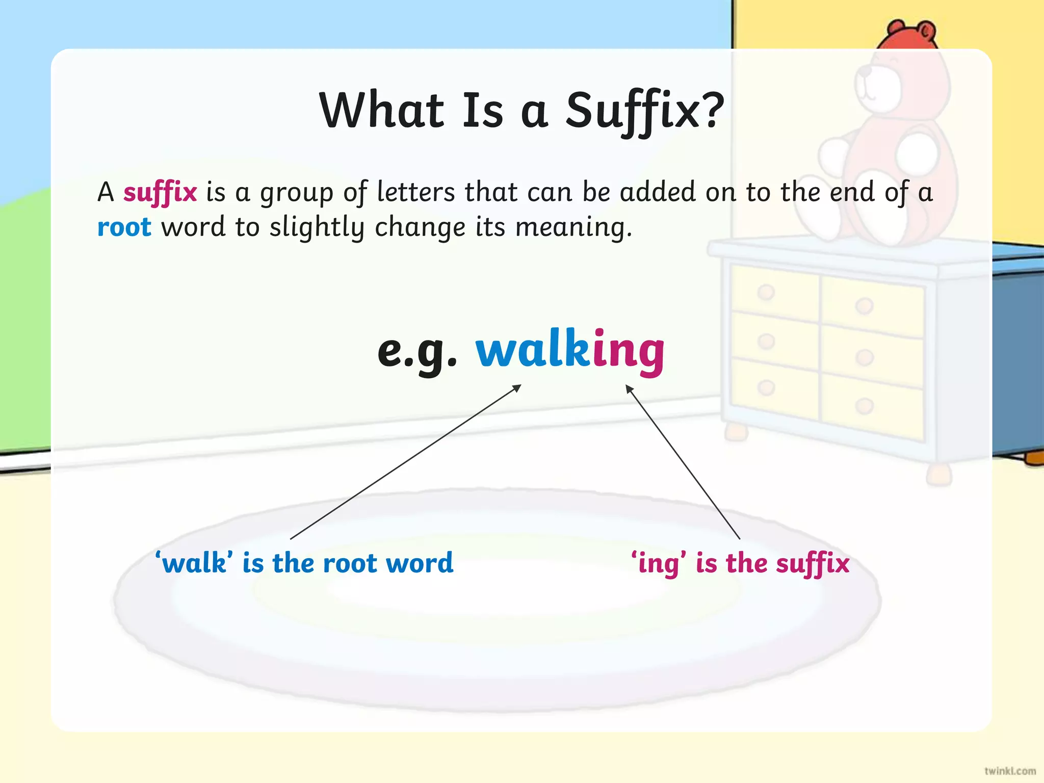 What Is a Suffix?
A suffix is a group of letters that can be added on to the end of a
root word to slightly change its meaning.
e.g. walking
‘walk’ is the root word ‘ing’ is the suffix