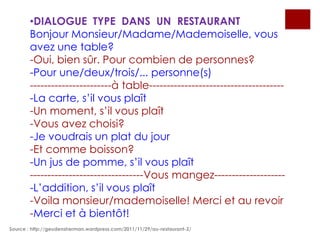 •DIALOGUE TYPE DANS UN RESTAURANT
Bonjour Monsieur/Madame/Mademoiselle, vous
avez une table?
-Oui, bien sûr. Pour combien de personnes?
-Pour une/deux/trois/... personne(s)
-----------------------à table--------------------------------------La carte, s’il vous plaît
-Un moment, s’il vous plaît
-Vous avez choisi?
-Je voudrais un plat du jour
-Et comme boisson?
-Un jus de pomme, s’il vous plaît
--------------------------------Vous mangez--------------------L’addition, s’il vous plaît
-Voila monsieur/mademoiselle! Merci et au revoir
-Merci et à bientôt!
Source : http://geudensherman.wordpress.com/2011/11/29/au-restaurant-2/

 