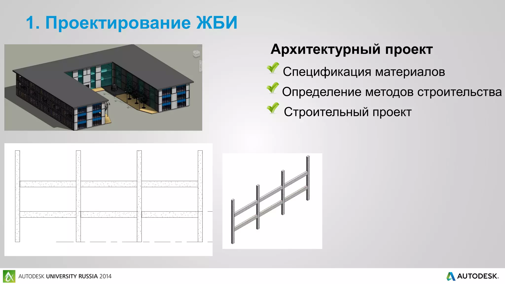 1. Проектирование ЖБИ
Архитектурный проект
Строительный проект
Спецификация материалов
Определение методов строительства
 