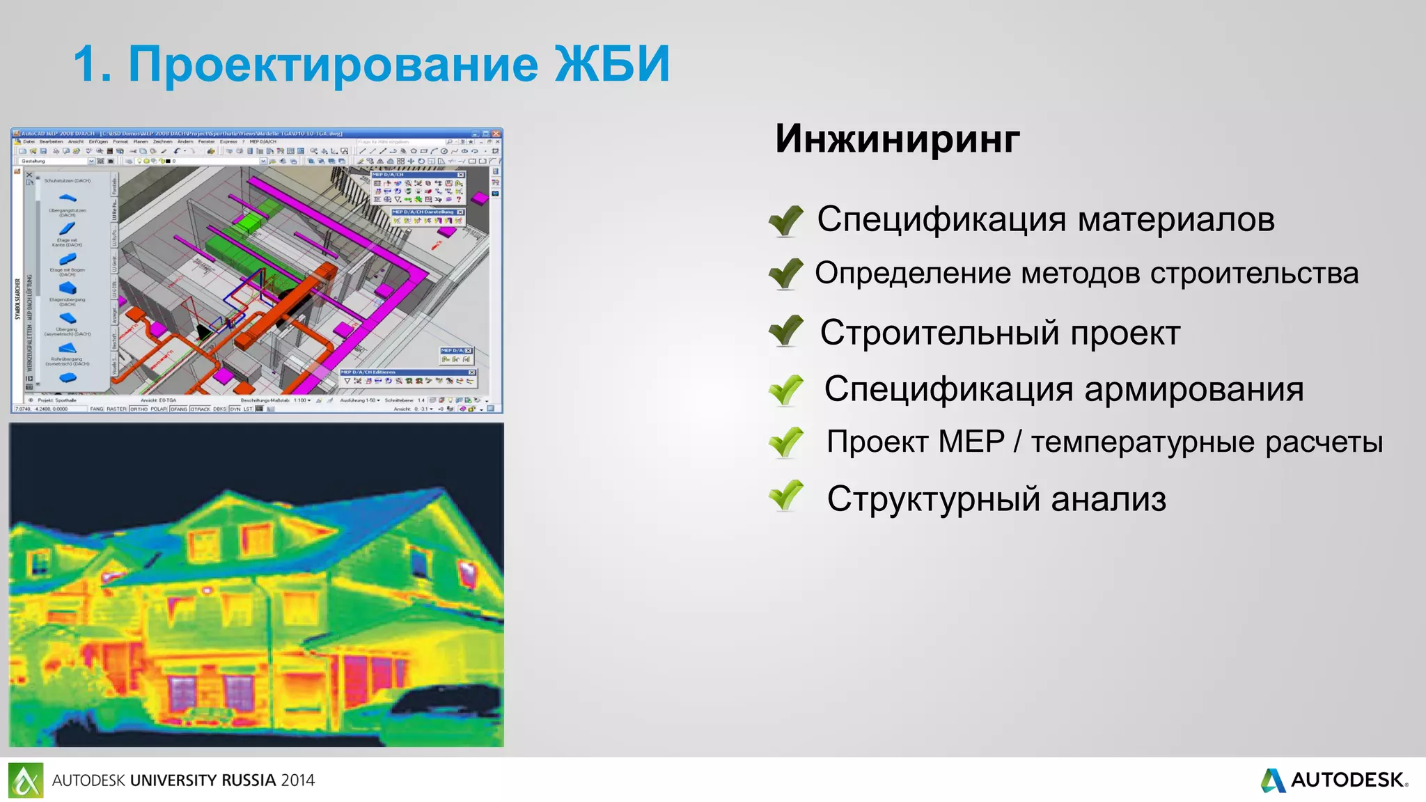 1. Проектирование ЖБИ
Инжиниринг
Спецификация армирования
Проект MEP / температурные расчеты
Структурный анализ
Строительный проект
Спецификация материалов
Определение методов строительства
 