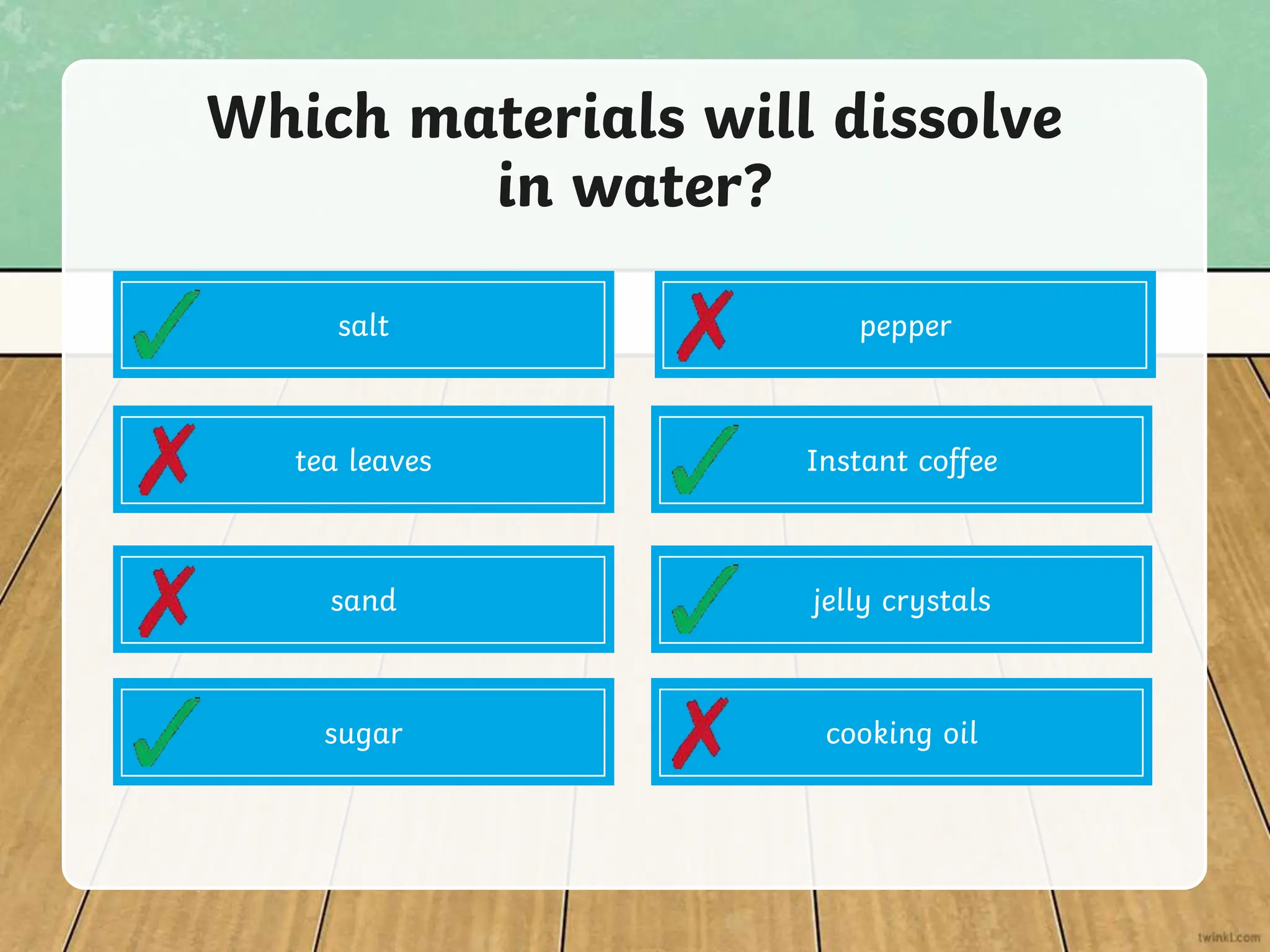 Which materials will dissolve
in water?
salt pepper
tea leaves
sand
sugar
Instant coffee
jelly crystals
cooking oil
 