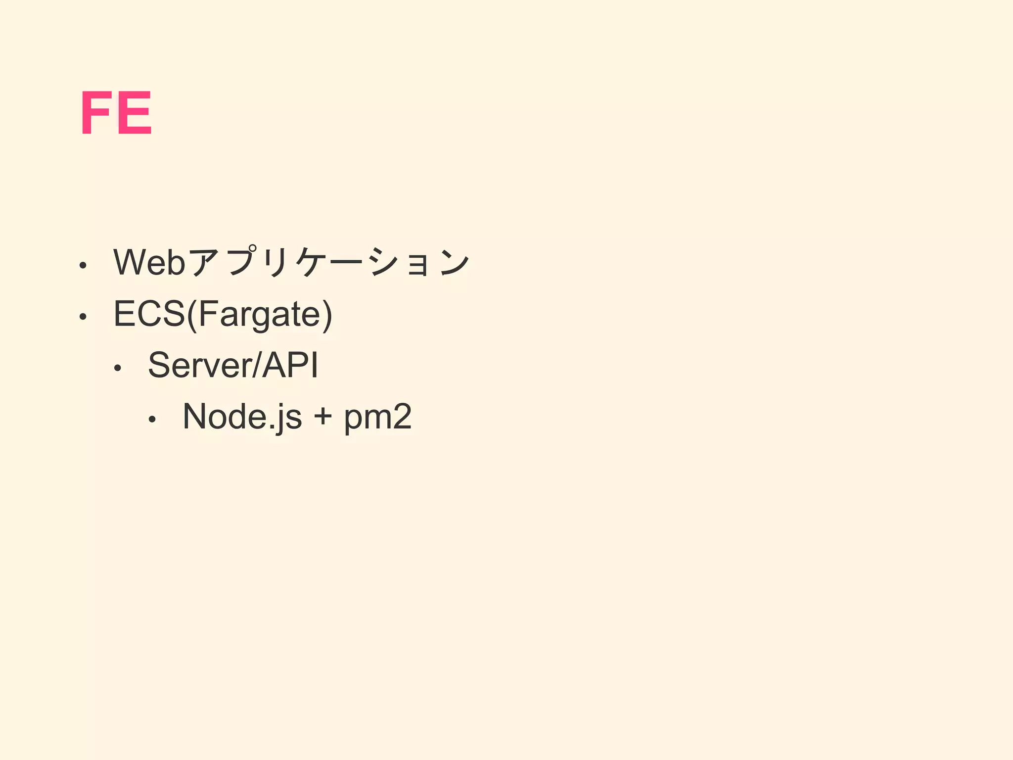 FE
• Webアプリケーション
• ECS(Fargate)
• Server/API
• Node.js + pm2
 
