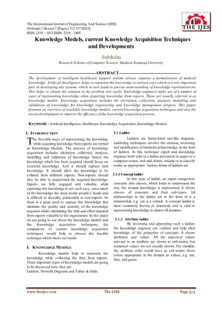 The International Journal of Engineering And Science (IJES)
||Volume|| 1 ||Issue|| 2 ||Pages|| 313-317 ||2012||
ISSN: 2319 – 1813 ISBN: 2319 – 1805
    Knowledge Models, current Knowledge Acquisition Techniques
                        and Developments
                                                      Subiksha
                       Research Scholar of Computer Science, Madurai Kamaraj University

 ------------------------------------------------------------ABSTRACT-------------------------------------------------------
 The development of intelligent healthcare support systems always requires a formalization of medical
 knowledge. Artificial Intelligence helps to represent the knowledge in various ways which is a very important
 part in developing any systems, which in turn leads to precise understanding of knowledge representations.
 This helps to obtain the solution to the problem very easily. Knowledge engineers make use of a number of
 ways of representing knowledge when acquiring knowledge from experts. These are usually referred to as
 knowledge models. Knowledge acquisition includes the elicitation, collection, analysis, modelling and
 validation of knowledge for knowledge engineering and knowledge management projects. This paper
 presents an overview of available knowledge models, current knowledge acquisition techniques and also the
 recent developments to improve the efficiency of the knowledge acquisition process.

 Keywords - Artificial Intelligence, Healthcare, Knowledge Acquisition, Knowledge Models

I. INTRODUCTION                                                2.1 Ladder
                                                                       Ladders are hierarchical tree-like diagrams.
T    he Possible ways of representing the knowledge
     while acquiring knowledge from experts are termed
as Knowledge Models. The process of knowledge
                                                               Laddering techniques involve the creation, reviewing
                                                               and modification of hierarchical knowledge, in the form
acquisition includes elicitation, collection, analysis,        of ladders. In this technique expert and knowledge
modelling and validation of knowledge. Hence the               engineer both refer to a ladder presented on paper or a
knowledge which has been acquired should focus on              computer screen, and add, delete, rename or re-classify
essential knowledge. And it should capture tacit               nodes as appropriate. Various forms of ladders are
knowledge. It should allow the knowledge to be
collated from different experts. Non-experts should           2.1.1 Concept ladder
also be able to understand the acquired knowledge.                     In this type of ladder, an expert categorises
Experts are fully engaged and valuable, while                 concepts into classes, which helps to understand the
capturing this knowledge is not such easy, since much         way the domain knowledge is represented. It shows
of the knowledge lies deep inside people’s heads and          classes of concepts and their sub-types. All
is difficult to describe, particularly to non-experts. So     relationships in the ladder are in the form of is a
there is a great need to capture this knowledge that          relationship, e.g. car is a vehicle. A concept ladder is
maximize the quality and quantity of the knowledge            more commonly known as taxonomy and is vital to
acquired whilst minimizing the time and effort required       representing knowledge in almost all domains .
from experts valuable to the organization .In this paper
we are going to see about the knowledge models and              2.1.2 Attribute ladder
the Knowledge acquisition              techniques, the                   By reviewing and appending such a ladder,
comparison of current knowledge acquisition                    the knowledge engineer can validate and help elicit
techniques would help to choose the feasible                   knowledge of the properties of concepts. It shows
technique which meets our needs.                               attributes and values. All the adjectival values
                                                               relevant to an attribute are shown as sub-nodes, but
I. KNOWLEDGE M ODELS                                           numerical values are not usually shown. For example,
                                                               the attribute color would have as sub-nodes those
        Knowledge models help to represent the                 colors appropriate in the domain as values, e.g. red,
knowledge while collecting the data from experts.              blue, and green.
Three important types of Knowledge models are going
to be discussed here, they are
Ladders, Network Diagrams and Tables & Grids.




www.theijes.com                                         The IJES                                                Page 31 3
 