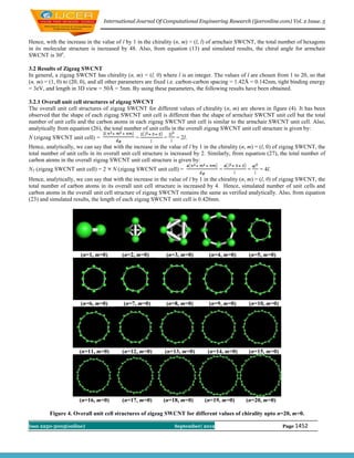 International Journal Of Computational Engineering Research (ijceronline.com) Vol. 2 Issue. 5


Hence, with the increase in the value of l by 1 in the chirality (n, m) = (l, l) of armchair SWCNT, the total number of hexagons
in its molecular structure is increased by 48. Also, from equation (13) and simulated results, the chiral angle for armchair
SWCNT is 30o.

3.2 Results of Zigzag SWCNT
In general, a zigzag SWCNT has chirality (n, m) = (l, 0) where l is an integer. The values of l are chosen from 1 to 20, so that
(n, m) = (1, 0) to (20, 0), and all other parameters are fixed i.e. carbon-carbon spacing = 1.42Å = 0.142nm, tight binding energy
= 3eV, and length in 3D view = 50Å = 5nm. By using these parameters, the following results have been obtained.

3.2.1 Overall unit cell structures of zigzag SWCNT
The overall unit cell structures of zigzag SWCNT for different values of chirality (n, m) are shown in figure (4). It has been
observed that the shape of each zigzag SWCNT unit cell is different than the shape of armchair SWCNT unit cell but the total
number of unit cells and the carbon atoms in each zigzag SWCNT unit cell is similar to the armchair SWCNT unit cell. Also,
analytically from equation (26), the total number of unit cells in the overall zigzag SWCNT unit cell structure is given by:
N (zigzag SWCNT unit cell) =                   =           =     = 2l.
Hence, analytically, we can say that with the increase in the value of l by 1 in the chirality (n, m) = (l, 0) of zigzag SWCNT, the
total number of unit cells in its overall unit cell structure is increased by 2. Similarly, from equation (27), the total number of
carbon atoms in the overall zigzag SWCNT unit cell structure is given by:
NT (zigzag SWCNT unit cell) = 2      N (zigzag SWCNT unit cell) =                   =           =     = 4l.
Hence, analytically, we can say that with the increase in the value of l by 1 in the chirality (n, m) = (l, 0) of zigzag SWCNT, the
total number of carbon atoms in its overall unit cell structure is increased by 4. Hence, simulated number of unit cells and
carbon atoms in the overall unit cell structure of zigzag SWCNT remains the same as verified analytically. Also, from equation
(23) and simulated results, the length of each zigzag SWCNT unit cell is 0.426nm.




                       (n=1, m=0)        (n=2, m=0)         (n=3, m=0)         (n=4, m=0)        (n=5, m=0)




                       (n=6, m=0)        (n=7, m=0)         (n=8, m=0)         (n=9, m=0)        (n=10, m=0)




                      (n=11, m=0)        (n=12, m=0)        (n=13, m=0)        (n=14, m=0)       (n=15, m=0)




                      (n=16, m=0)        (n=17, m=0)       (n=18, m=0)       (n=19, m=0)        (n=20, m=0)

         Figure 4. Overall unit cell structures of zigzag SWCNT for different values of chirality upto n=20, m=0.

Issn 2250-3005(online)                                          September| 2012                                 Page 1452
 