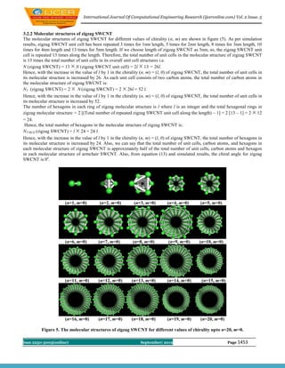 International Journal Of Computational Engineering Research (ijceronline.com) Vol. 2 Issue. 5



3.2.2 Molecular structures of zigzag SWCNT
The molecular structures of zigzag SWCNT for different values of chirality (n, m) are shown in figure (5). As per simulation
results, zigzag SWCNT unit cell has been repeated 3 times for 1nm length, 5 times for 2nm length, 8 times for 3nm length, 10
times for 4nm length and 13 times for 5nm length. If we choose length of zigzag SWCNT as 5nm, so, the zigzag SWCNT unit
cell is repeated 13 times along the length. Therefore, the total number of unit cells in the molecular structure of zigzag SWCNT
is 13 times the total number of unit cells in its overall unit cell structures i.e.
N (zigzag SWCNT) = 13 N (zigzag SWCNT unit cell) = 2l 13 = 26l.
Hence, with the increase in the value of l by 1 in the chirality (n, m) = (l, 0) of zigzag SWCNT, the total number of unit cells in
its molecular structure is increased by 26. As each unit cell consists of two carbon atoms, the total number of carbon atoms in
the molecular structure of zigzag SWCNT is:
NT (zigzag SWCNT) = 2          N (zigzag SWCNT) = 2 26l = 52 l.
Hence, with the increase in the value of l by 1 in the chirality (n, m) = (l, 0) of zigzag SWCNT, the total number of unit cells in
its molecular structure is increased by 52.
The number of hexagons in each ring of zigzag molecular structure is l where l is an integer and the total hexagonal rings in
zigzag molecular structure = 2 [(Total number of repeated zigzag SWCNT unit cell along the length) – 1] = 2 [13 – 1] = 2 12
= 24.
 Hence, the total number of hexagons in the molecular structure of zigzag SWCNT is:
NT HEX (zigzag SWCNT) = l 24 = 24 l.
Hence, with the increase in the value of l by 1 in the chirality (n, m) = (l, 0) of zigzag SWCNT, the total number of hexagons in
its molecular structure is increased by 24. Also, we can say that the total number of unit cells, carbon atoms, and hexagons in
each molecular structure of zigzag SWCNT is approximately half of the total number of unit cells, carbon atoms and hexagon
in each molecular structure of armchair SWCNT. Also, from equation (13) and simulated results, the chiral angle for zigzag
SWCNT is 0o.




                       (n=1, m=0)        (n=2, m=0)         (n=3, m=0)         (n=4, m=0)        (n=5, m=0)




                       (n=6, m=0)        (n=7, m=0)         (n=8, m=0)         (n=9, m=0)       (n=10, m=0)




                       (n=11, m=0)       (n=12, m=0)       (n=13, m=0)         (n=14, m=0)       (n=15, m=0)




                       (n=16, m=0)       (n=17, m=0)       (n=18, m=0)         (n=19, m=0)       (n=20, m=0)

          Figure 5. The molecular structures of zigzag SWCNT for different values of chirality upto n=20, m=0.

Issn 2250-3005(online)                                          September| 2012                                 Page 1453
 