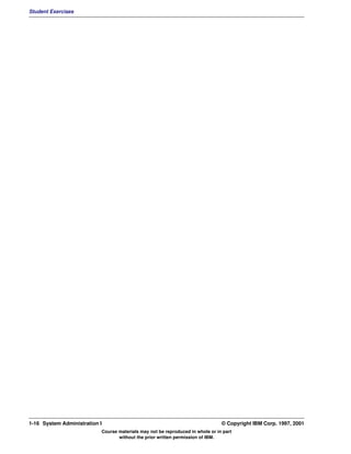 Student Exercises




1-16 System Administration I                                                    © Copyright IBM Corp. 1997, 2001
                           Course materials may not be reproduced in whole or in part
                                  without the prior written permission of IBM.
 