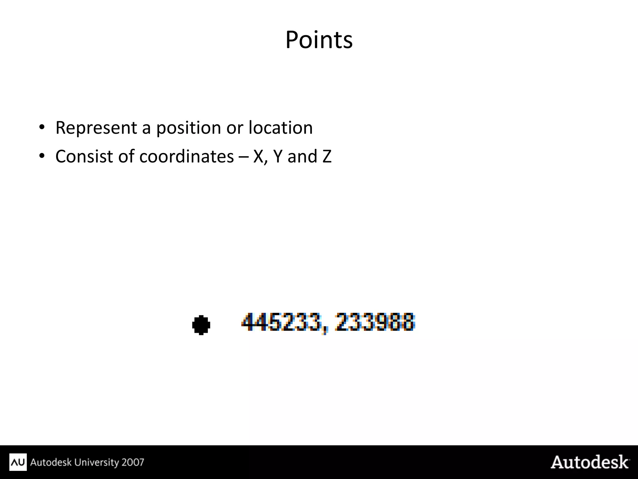 Points


• Represent a position or location
• Consist of coordinates – X, Y and Z
 