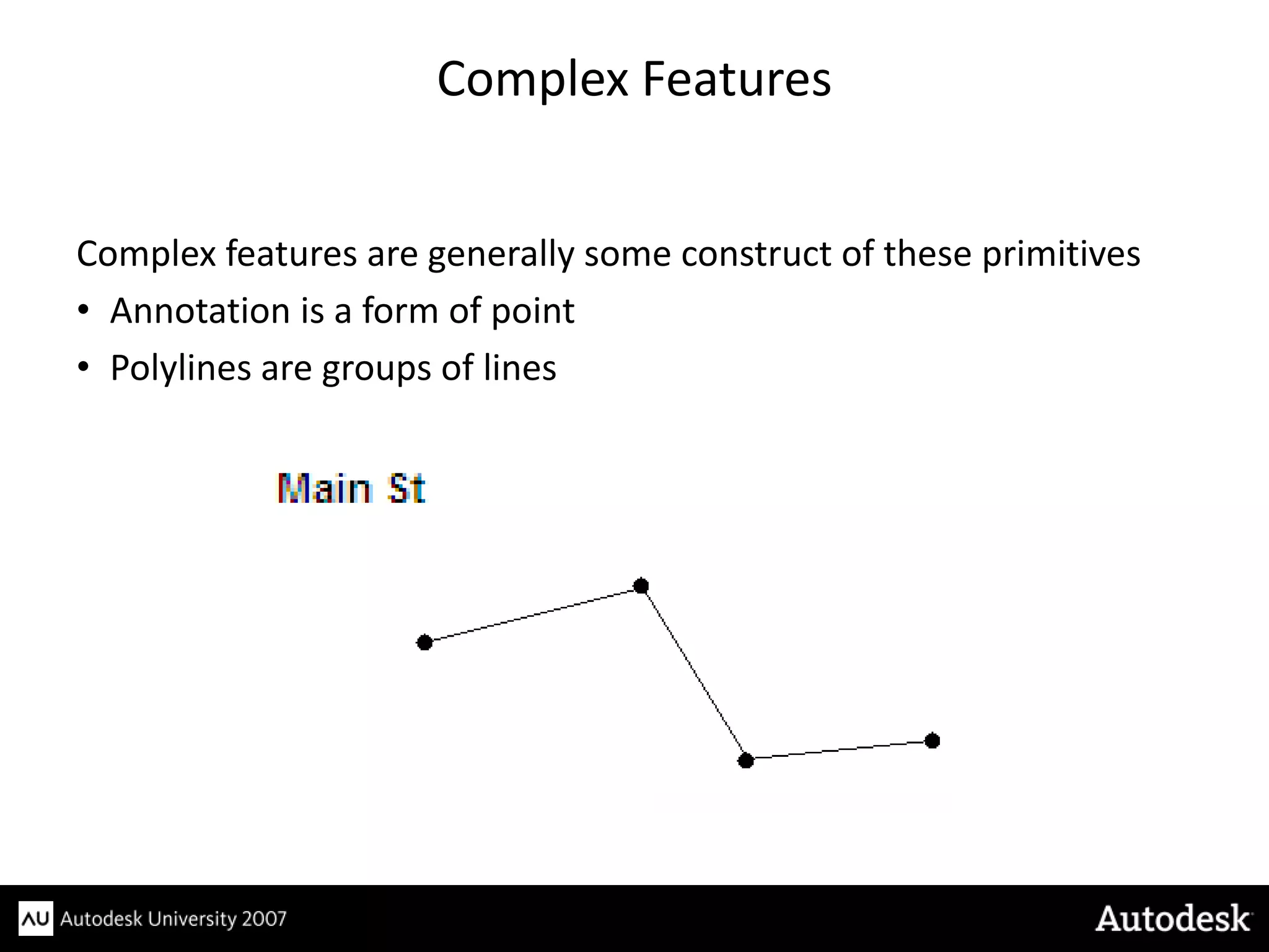 Complex Features


Complex features are generally some construct of these primitives
• Annotation is a form of point
• Polylines are groups of lines
 