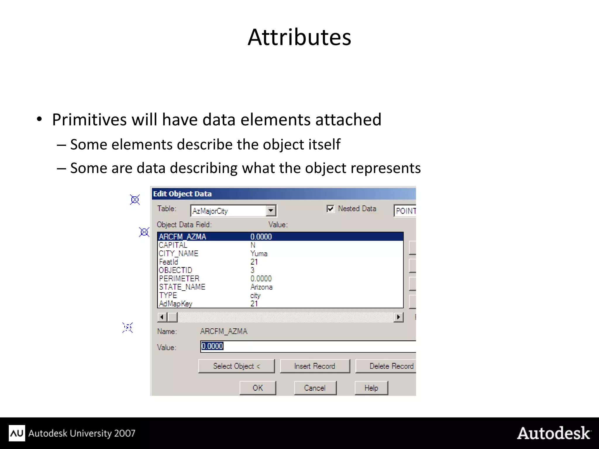 Attributes


• Primitives will have data elements attached
  – Some elements describe the object itself
  – Some are data describing what the object represents
 