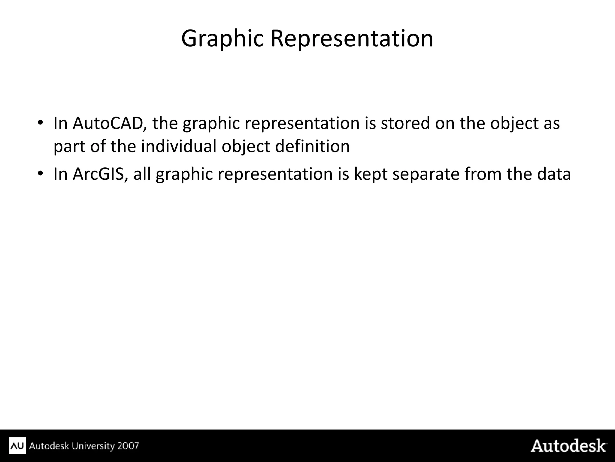 Graphic Representation


• In AutoCAD, the graphic representation is stored on the object as
  part of the individual object definition
• In ArcGIS, all graphic representation is kept separate from the data
 