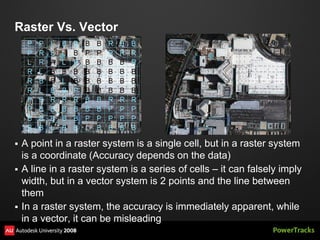 Raster Vs. Vector




   A point in a raster system is a single cell, but in a raster system
    is a coordinate (Accuracy depends on the data)
   A line in a raster system is a series of cells – it can falsely imply
    width, but in a vector system is 2 points and the line between
    them
   In a raster system, the accuracy is immediately apparent, while
    in a vector, it can be misleading
 