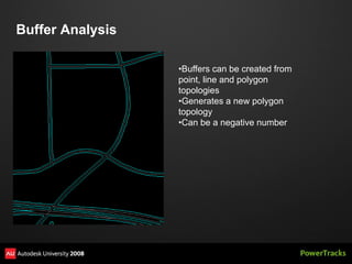 Buffer Analysis

                  •Buffers can be created from
                  point, line and polygon
                  topologies
                  •Generates a new polygon
                  topology
                  •Can be a negative number
 