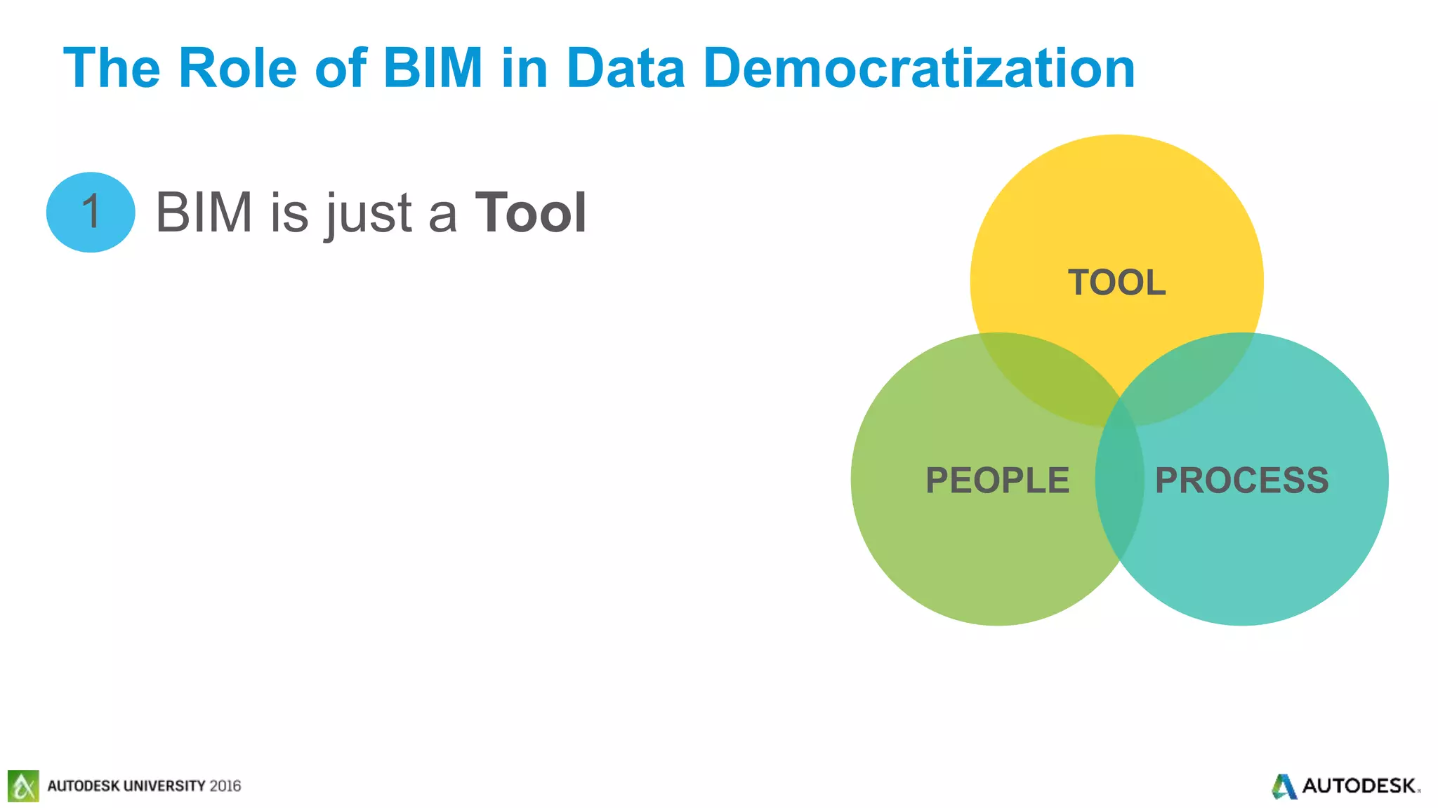 © 2016 Autodesk© 2016 Autodesk
BIM is just a Tool1
TOOL
PEOPLE PROCESS
The Role of BIM in Data Democratization
 
