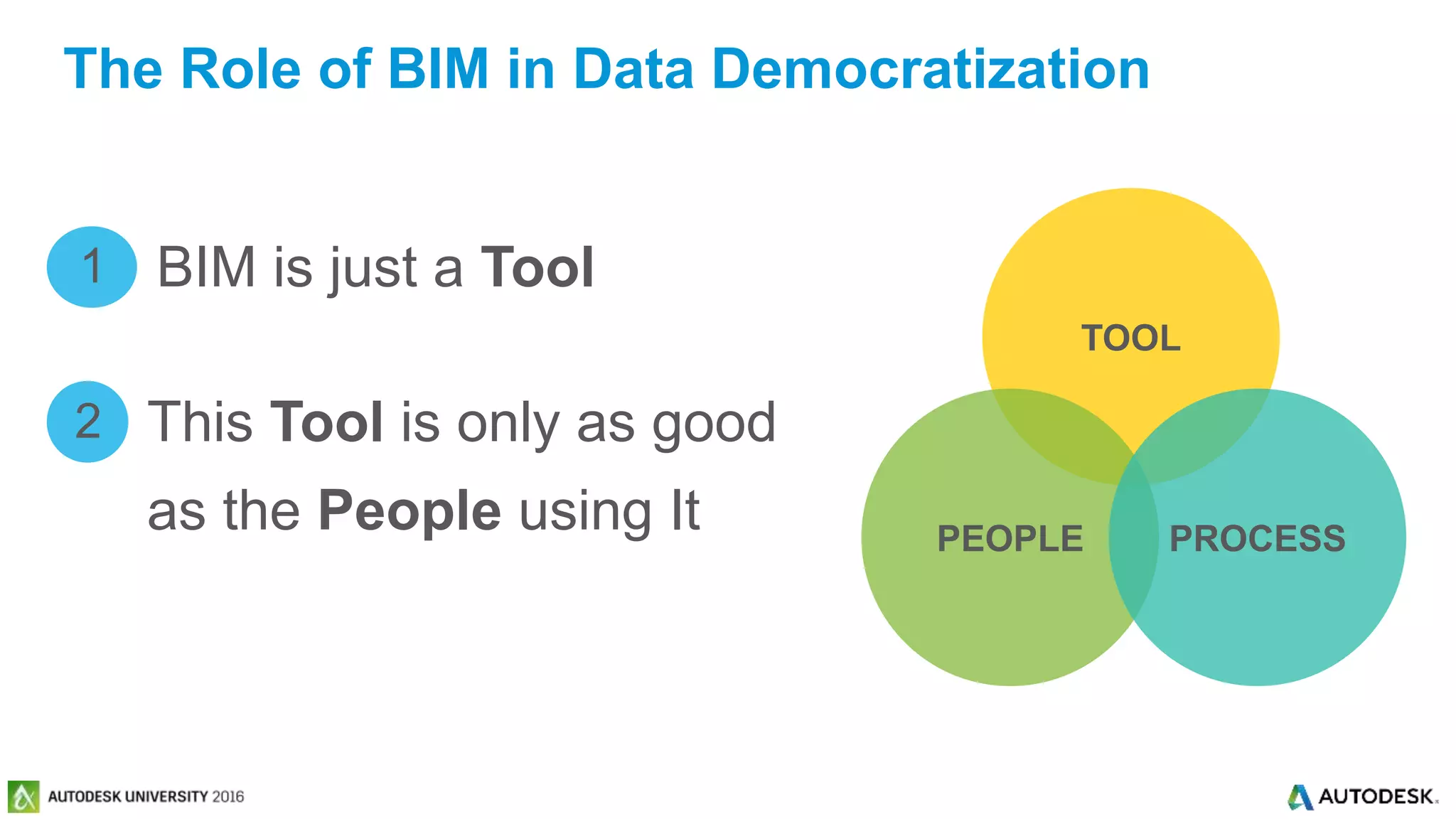 © 2016 Autodesk© 2016 Autodesk
BIM is just a Tool1
TOOL
PEOPLE PROCESS
This Tool is only as good
as the People using It
2
The Role of BIM in Data Democratization
 