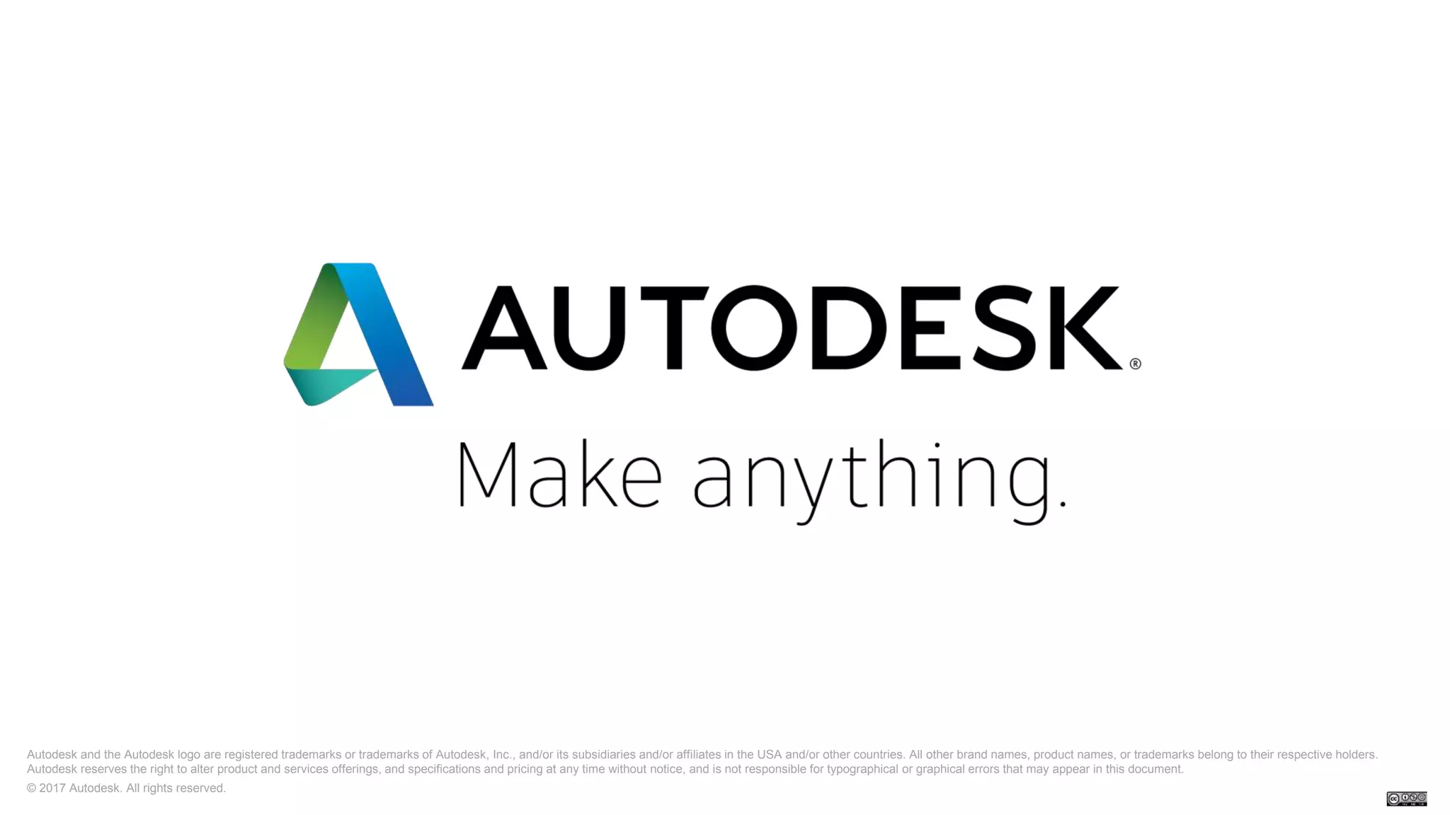 Autodesk and the Autodesk logo are registered trademarks or trademarks of Autodesk, Inc., and/or its subsidiaries and/or affiliates in the USA and/or other countries. All other brand names, product names, or trademarks belong to their respective holders.
Autodesk reserves the right to alter product and services offerings, and specifications and pricing at any time without notice, and is not responsible for typographical or graphical errors that may appear in this document.
© 2017 Autodesk. All rights reserved.
 