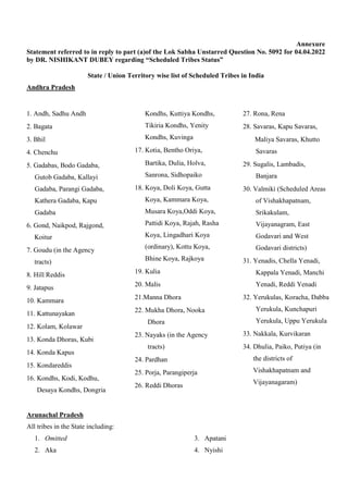 Annexure
Statement referred to in reply to part (a)of the Lok Sabha Unstarred Question No. 5092 for 04.04.2022
by DR. NISH...