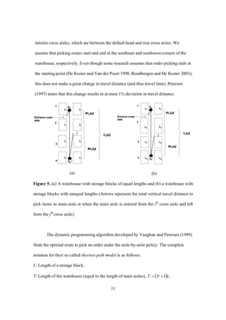 11
interior cross aisles, which are between the default head and rear cross aisles. We
assume that picking routes start and end at the southeast and southwest corners of the
warehouse, respectively. Even though some research assumes that order picking ends at
the starting point (De Koster and Van der Poort 1998, Roodbergen and De Koster 2001),
this does not make a great change in travel distance (and thus travel time). Petersen
(1997) notes that this change results in at most 1% deviation in travel distance.
(a) (b)
Figure 5. (a) A warehouse with storage blocks of equal lengths and (b) a warehouse with
storage blocks with unequal lengths (Arrows represent the total vertical travel distance to
pick items in main aisle m when the main aisle is entered from the ith
cross aisle and left
from the jth
cross aisle).
The dynamic programming algorithm developed by Vaughan and Petersen (1999)
finds the optimal route to pick an order under the aisle-by-aisle policy. The complete
notation for their so called shortest path model is as follows:
L: Length of a storage block.
T: Length of the warehouse (equal to the length of main aisles),  LNT 1 .
 