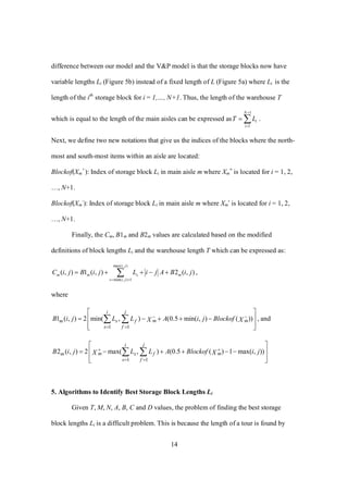 14
difference between our model and the V&P model is that the storage blocks now have
variable lengths Li (Figure 5b) instead of a fixed length of L (Figure 5a) where Li is the
length of the ith
storage block for i = 1,…, N+1. Thus, the length of the warehouse T
which is equal to the length of the main aisles can be expressed as
1
1
N
i
i
T L


  .
Next, we define two new notations that give us the indices of the blocks where the north-
most and south-most items within an aisle are located:
Blockof(Xm
+
): Index of storage block Li in main aisle m where Xm
+
is located for i = 1, 2,
…, N+1.
Blockof(Xm
-
): Index of storage block Li in main aisle m where Xm
-
is located for i = 1, 2,
…, N+1.
Finally, the Cm, B1m and B2m values are calculated based on the modified
definitions of block lengths Li and the warehouse length T which can be expressed as:
max( , )
min( , ) 1
( , ) 1 ( , ) 2 ( , )
i j
m m s m
s i j
C i j B i j L i j A B i j
 
     ,
where
1 1
1 ( , ) 2 min( , ) (0.5 min( , ) ( ))
ji
m mm s f
s f
B i j L L A i j BlockofX X 
 
 
     
  
  , and
1 1
2 ( , ) 2 max( , ) (0.5 ( ) 1 max( , ))
ji
m mm s f
s f
B i j L L A Blockof i jX X 
 
 
      
  
 
5. Algorithms to Identify Best Storage Block Lengths Li
Given T, M, N, A, B, C and D values, the problem of finding the best storage
block lengths Li is a difficult problem. This is because the length of a tour is found by
 