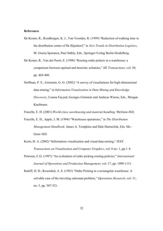 32
References
De Koster, R., Roodbergen, K. J., Van Voorden, R. (1999) “Reduction of walking time in
the distribution center of De Bijenkorf,” in New Trends in Distribution Logistics,
M. Grazia Speranza, Paul Stähly, Eds., Springer-Verlag Berlin Heidelberg.
De Koster, R., Van der Poort, E. (1998) “Routing order pickers in a warehouse: a
comparison between optimal and heuristic solutions,” IIE Transactions, vol: 30,
pp. 469-480.
Hoffman, P. E., Grinstein, G. G. (2002) “A survey of visualiations for high-dimensional
data mining,” in Information Visualization in Data Mining and Knowledge
Discovery, Usama Fayyad, Georges Grinstein and Andreas Wierse, Eds., Morgan
Kaufmann.
Frazelle, E. H. (2001) World-class warehousing and material handling. McGraw-Hill.
Frazelle, E. H., Apple, J. M. (1994) “Warehouse operations,” in The Distribution
Management Handbook. James A. Tompkins and Dale Harmelink, Eds. Mc-
Graw-Hill.
Keim, D. A. (2002) “Information visualization and visual data mining,” IEEE
Transactions on Visualization and Computer Graphics, vol: 8 no: 1, pp.1–8
Petersen, C.G. (1997) “An evaluation of order picking routing policies,” International
Journal of Operations and Production Management, vol: 17, pp. 1098-1111.
Ratliff, H. D., Rosenthal, A. S. (1983) “Order Picking in a rectangular warehouse: A
solvable case of the traveling salesman problem,” Operations Research, vol: 31,
no: 3, pp. 507-521.
 