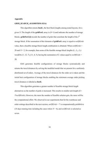 34
Appendix
GRID_SEARCH_ALGORITHM (GSA)
This algorithm returns bestL, the best block lengths among tested layouts, for a
given N. The length of the gridForL array is (N+1) and indicates the number of storage
blocks. gridsForL[i] records the number of grids that constitute the length of the ith
storage block. If the summation of the elements of gridForL array is equal to noOfGrids
value, then a feasible storage block length combination is obtained. When noOfGrids =
20 and N = 2, for example, then some of the feasible storage block lengths (L1, L2, L3)
would be (1, 12, 7), (11, 4, 5), having the summation of L values equal to noOfGrids =
20.
GSA generates feasible configurations of storage blocks systematically and
returns the travel distances by solving the modified model that we present for a uniformly
distributed set of orders. Average of the travel distances for the order set is taken and the
initial best configuration of storage blocks enabling the minimum average order picking
travel distances is labeled as bestL.
This algorithm generates a greater number of feasible storage block length
alternatives as the number of grids is increased. This results in smaller unit length (G=
T/noOfGrids). However, the more the number of feasible solution gets, the more will be
the computational effort. We observed in our experiments that for the warehouse and
order settings described in the next section, noOfGrids = 7 is computationally prohibitive
(18 days running time including the cases where N = 4), and noOfGrids is selected as
seven.
 